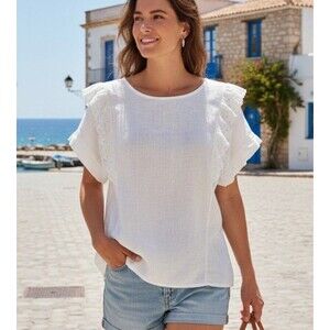 Terzo Millennio Size S Blouse Italian White Linen Flutter Eyelet Coastal Chic